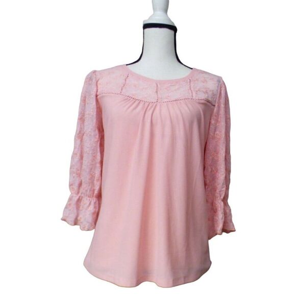 NY Collection Petite 3/4 Sleeve with Embroidered Mesh Inset Crepe Top,  PS - Picture 1 of 8